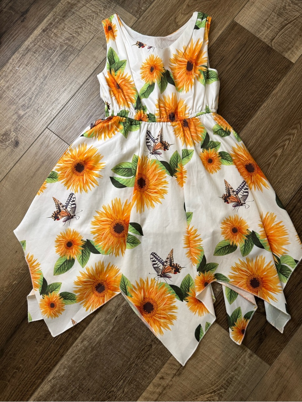 Sunflower Print Handkerchief Hem Casual Dress for Girls